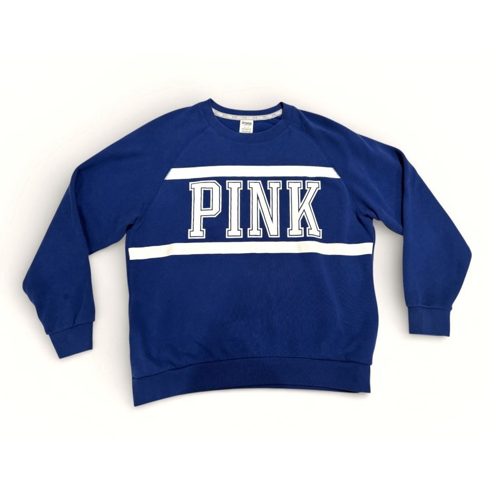 VS PINK Pink Size M pullover sweatshirt Dog Logo Big Spell Out‎ Navy Blue